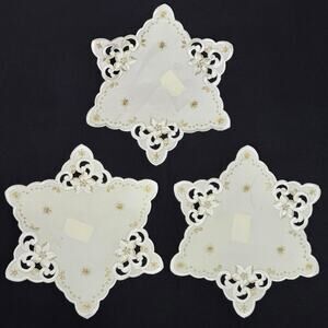 Set 3 German Embroidered Christmas Doilies Star Shaped Gold Thread 9” Table Mats